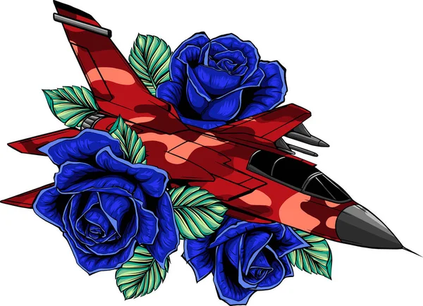 Illustration Von Militärflugzeugen Mit Rosenblüte — Stockvektor
