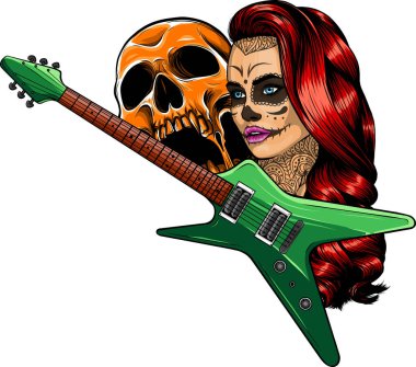 Kafatası ve kız kafasıyla gitarın çizimi