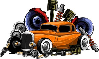 Otomobil motorlu piston direksiyon direksiyonlu direksiyon farları hız göstergesi vites kutusu emici izole edildi.