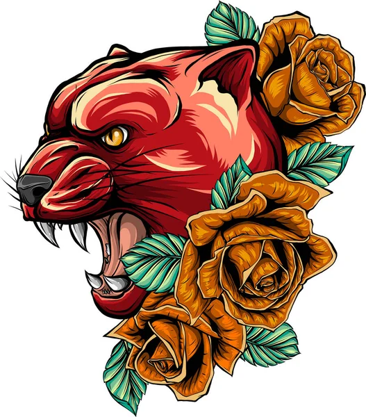 Illustration Panthère Fleurs Roses — Image vectorielle