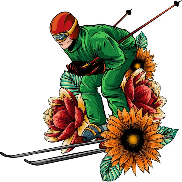 Иллюстрация Лыжника Цветком — стоковый вектор