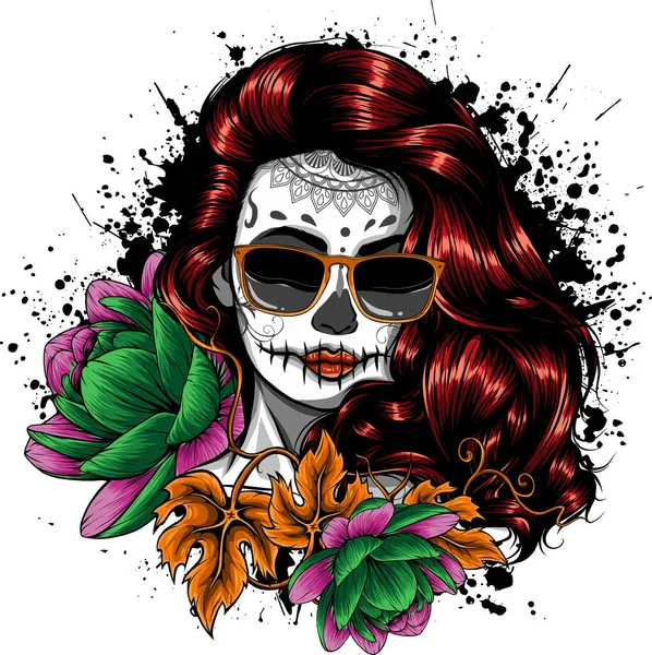 Illustration Von Totenkopf Mädchen Mit Blume — Stockvektor