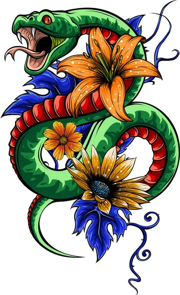 Ilustracja Węża Kwiatem Liśćmi — Wektor stockowy