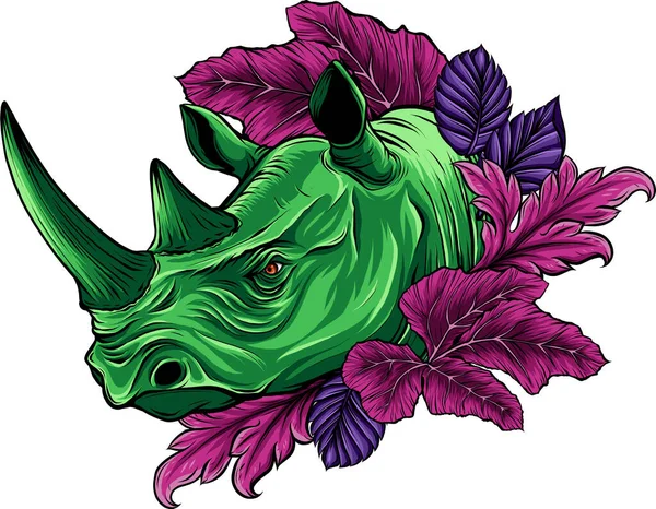 Illustration Rhinoceros Head Leaves — Stock Vector
