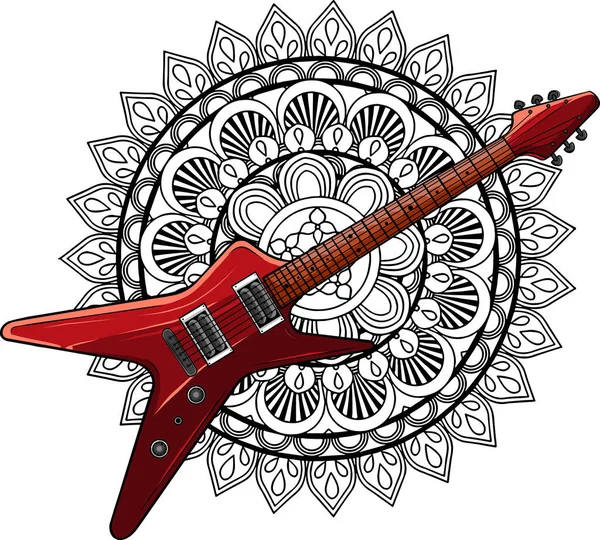 Ilustrasi Gitar Listrik Dengan Mandala Latar Belakang - Stok Vektor