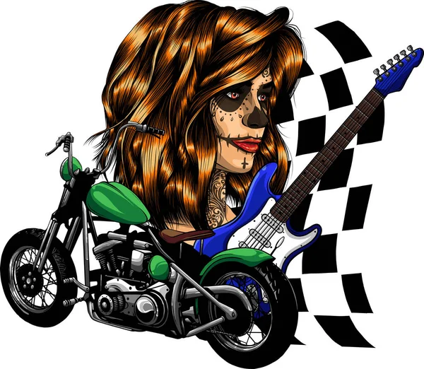 白い背景のバイクの女性の頭蓋骨とギターのイラスト — ストックベクタ