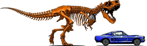 骨格恐竜のイラストが車を追い — ストックベクタ