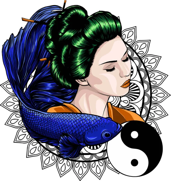 Ilustracja Japońskiej Gejszy Rybą Betta — Wektor stockowy