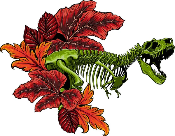 ティラノサウルスのイラスト レックス恐竜の骨格と葉 — ストックベクタ