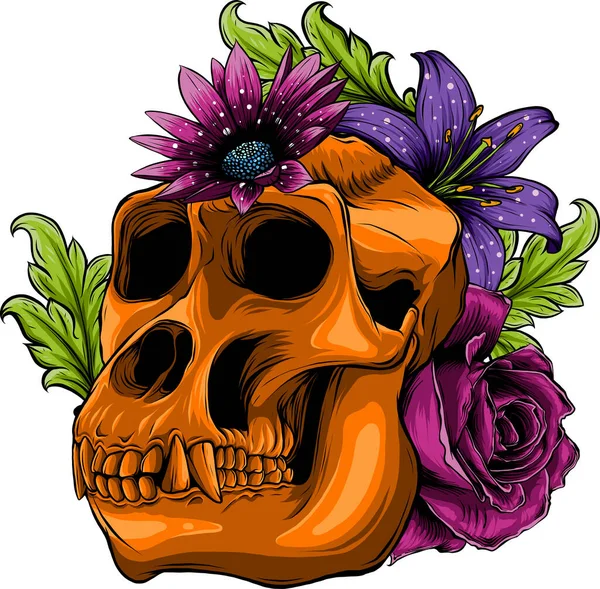 Illustration Crâne Singe Avec Fleur — Image vectorielle