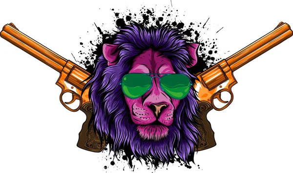 Иллюстрация Головы Льва Двумя Пистолетами — стоковый вектор