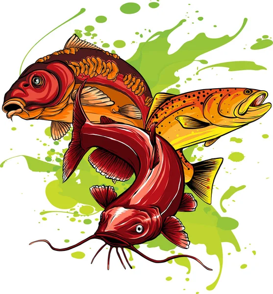 Ilustração Vetorial Vários Peixes Água Doce — Vetor de Stock
