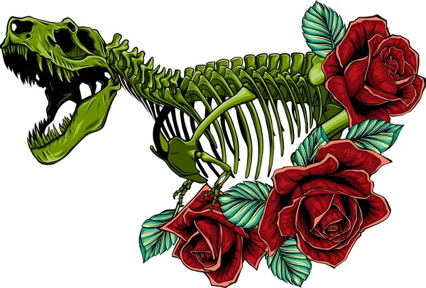 Εικονογράφηση Σκελετού Του Δεινόσαυρου Τυραννόσαυρου Τριαντάφυλλα Και Φύλλα — Διανυσματικό Αρχείο