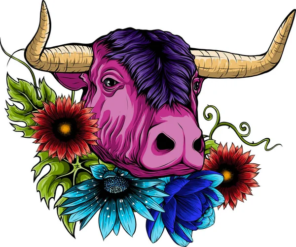 Ilustracja Głowy Krowy Kwiatem — Wektor stockowy
