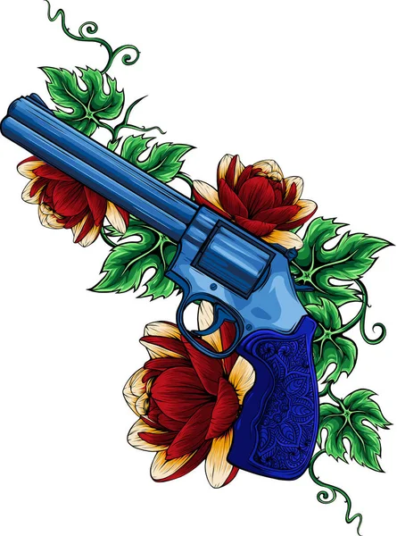 左轮手枪和花卉颜色矢量图解 — 图库矢量图片