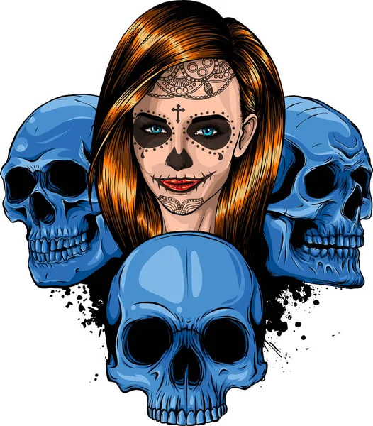Illustration Fille Morte Avec Des Crânes — Image vectorielle