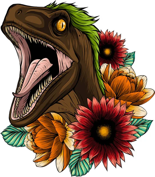 Illustration Velociraptor Dinosaurie Med Blomma — Stock vektor