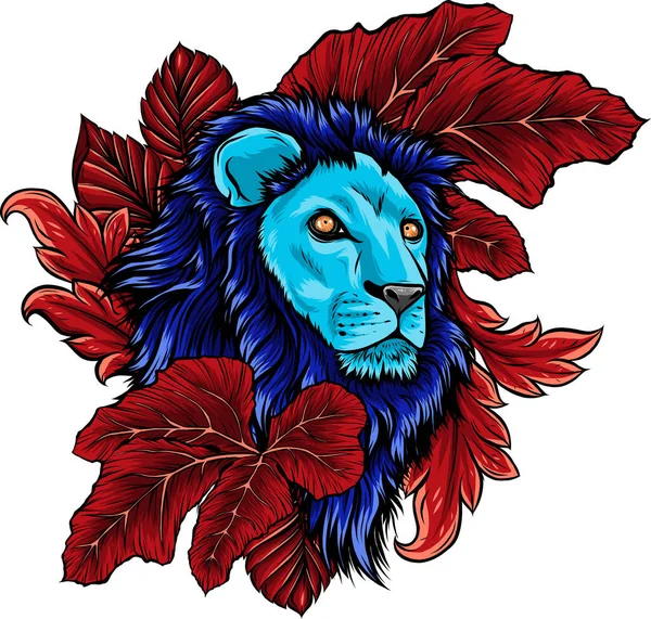 Ilustrace Lví Hlavy Obklopené Listy Tropických Rostlin — Stockový vektor