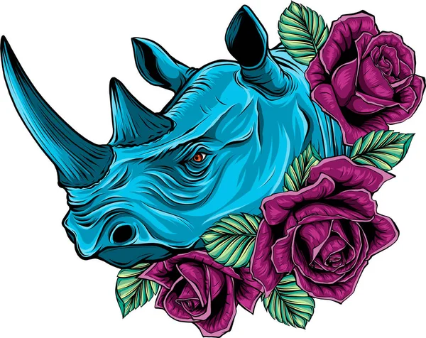 Ilustração Cabeça Rinoceronte Com Rosas — Vetor de Stock