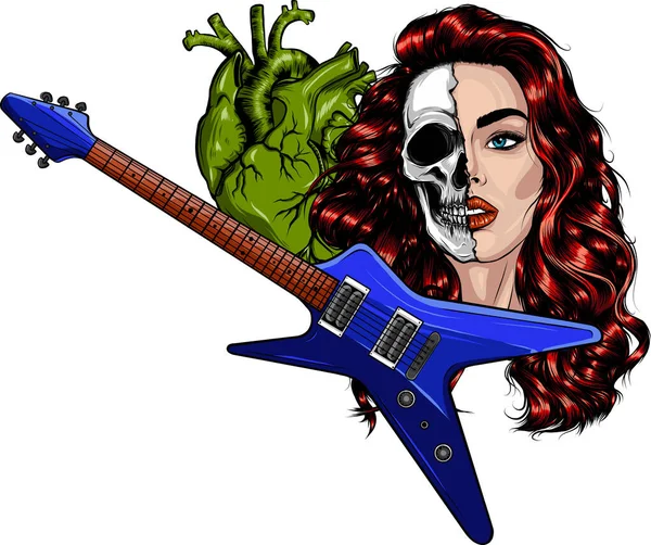 Illustration Guitare Électrique Avec Coeur Humain Visage Femme — Image vectorielle