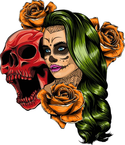 Illustration Crâne Couple Avec Des Roses — Image vectorielle
