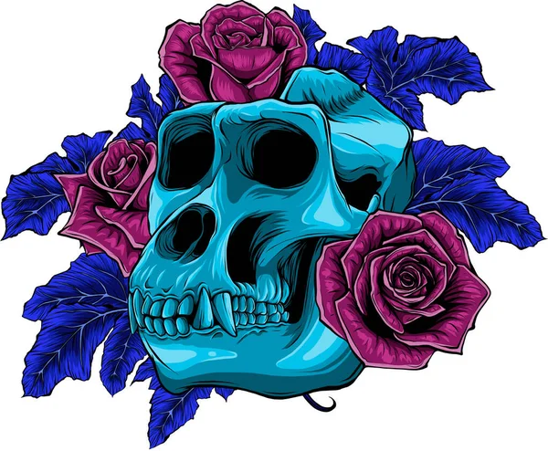 Ilustración Cráneo Mono Con Rosas — Archivo Imágenes Vectoriales