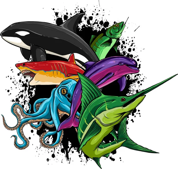 Vektorové Karikatury Mořských Živočichů Roztomilé Mořské Ryby Chobotnice Žralok Kosatka — Stockový vektor