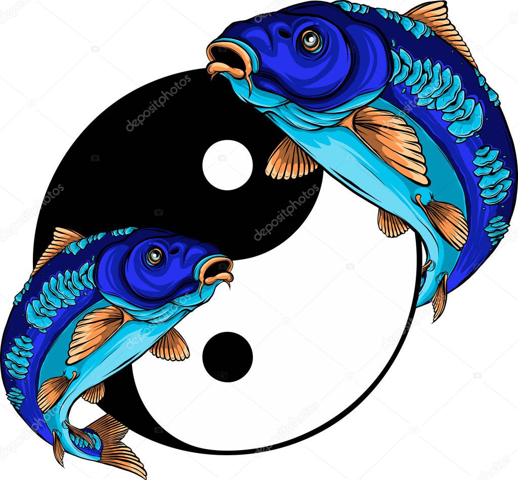 Illustration of two carp fishes in the circle of yin yang symbol.