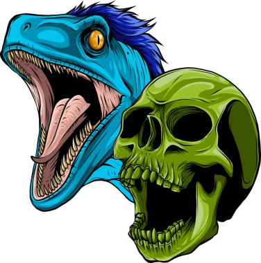 Velociraptor kafasının insan kafatasıyla çizimi