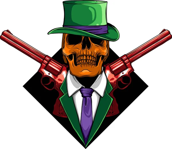 Skelett Gangster Mit Revolver Anzug — Stockvektor