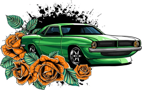 Illustration Muscle Car Roses Flower — Stock Vector