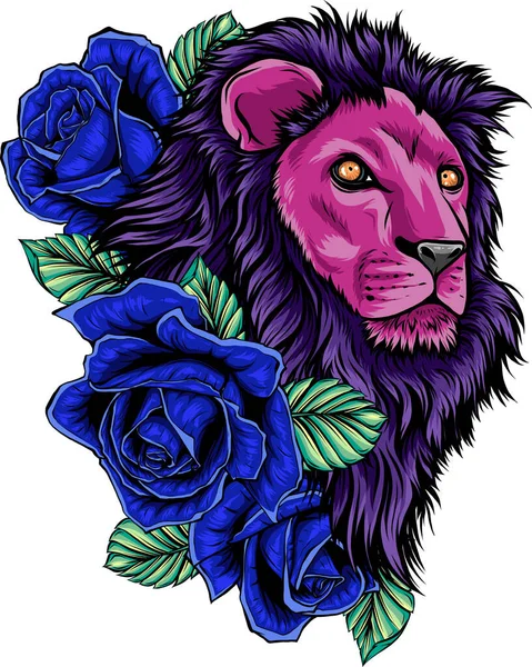 Illustration Tête Lion Avec Des Roses — Image vectorielle