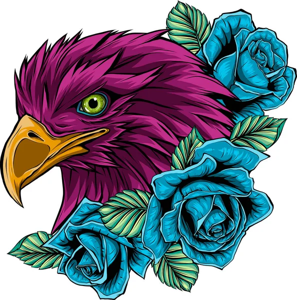Illustration Head Eagle Red Roses — Stockový vektor