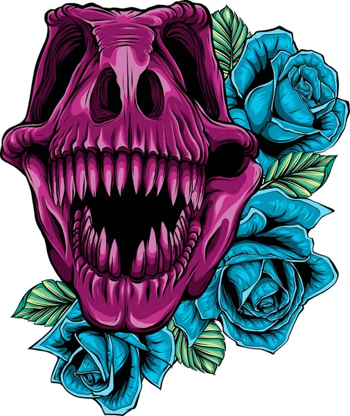 Tyrannosaurus Crâne Aux Roses Illustration Vectorielle Tatouage — Image vectorielle