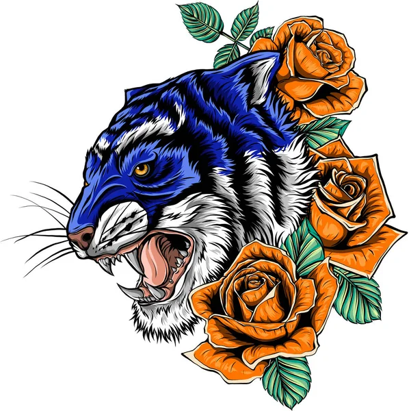 Illustrazione Della Testa Tigre Con Rosa — Vettoriale Stock