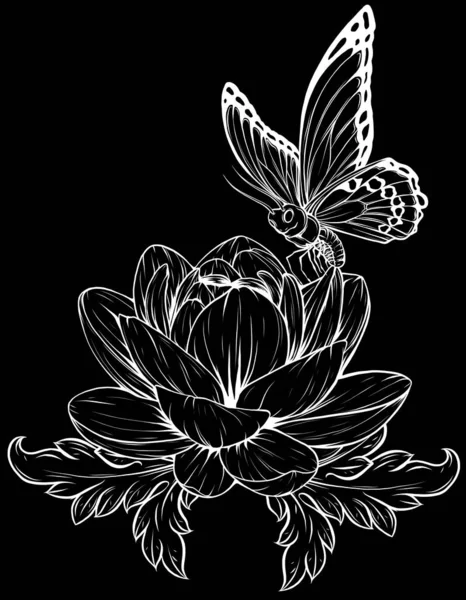 Контур Рисунка Бабочки Векторная Иллюстрация Черная Линия Крылья Узором — стоковый вектор