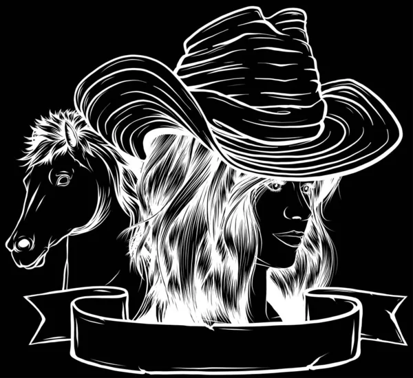 Illustrazione Vettoriale Cowgirl Bianco Nero — Vettoriale Stock