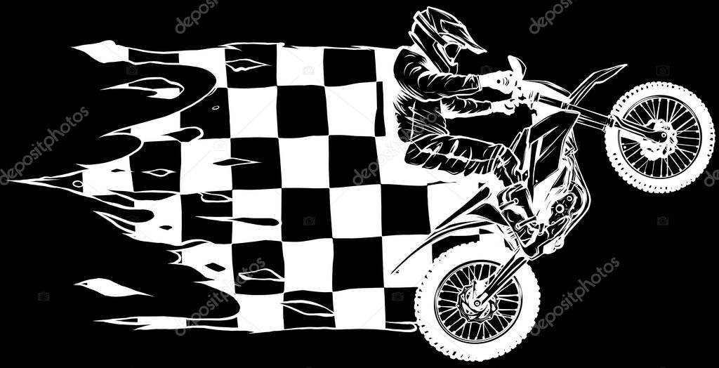 Vector of black and white racer riding the motocross