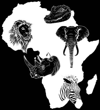 Afrika hayvan seti - siyah vektör. Afrika 'nın çeşitli memelilerinin koleksiyonu.