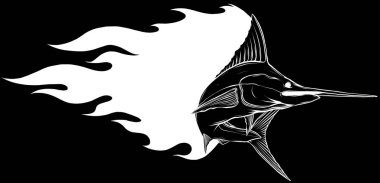 Mavi Kılıçbalığı. Siyah beyaz kılıç balığının basit minimalist vektör çizimi