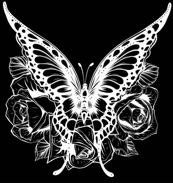 Krásný Černý Bílý Motýl Obrys Vektor — Stockový vektor
