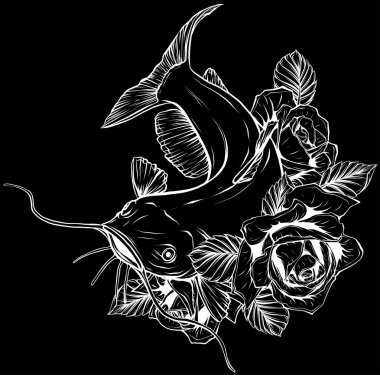 Siyah ve beyaz. Bir balığın vektör çizimi