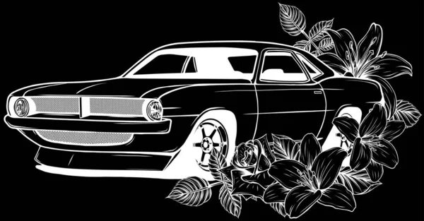 マッスルカーラインアート 車載ベクトル図 ラベル バッジ 広告やサインのためのヴィンテージスポーツ車のデザイン 光と闇の背景に隔離された — ストックベクタ
