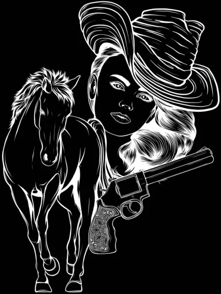Black White Cowgirl Vector Illustration — Stock Vector