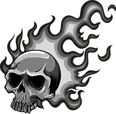 Tek Krom Kafatası Alev Vektör İllüstrasyonlu. siyah ve beyaz ateş kafatası