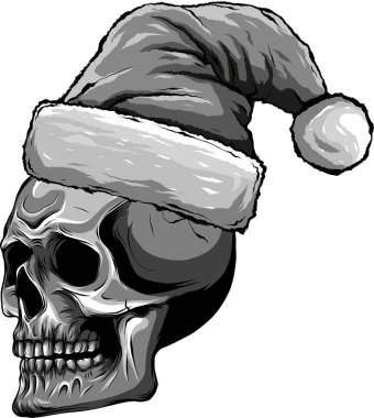 Korkunç bir Noel Baba kafatası çizimi. Şapkalı. .