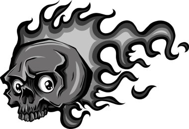 Tek Krom Kafatası Alev Vektör İllüstrasyonlu. siyah ve beyaz ateş kafatası