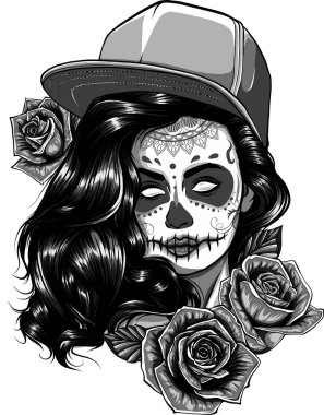 Tek renkli seksi kız, gülleri beyaza saklanmış. Siyah ve beyaz vektör çizimi.