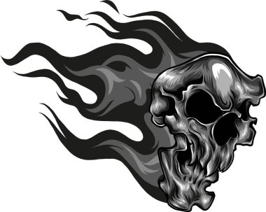 Tek Krom Kafatası Alev Vektör İllüstrasyonlu. siyah ve beyaz ateş kafatası