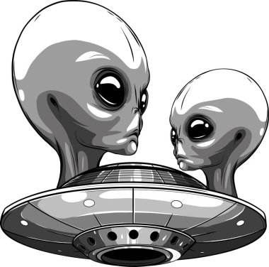 Uzay gemisi UFO vintage tek renkli amblem galaksiler arası gezgin insansı uçan daire uzaylı konuk ufolojik gizemli stil çizimi